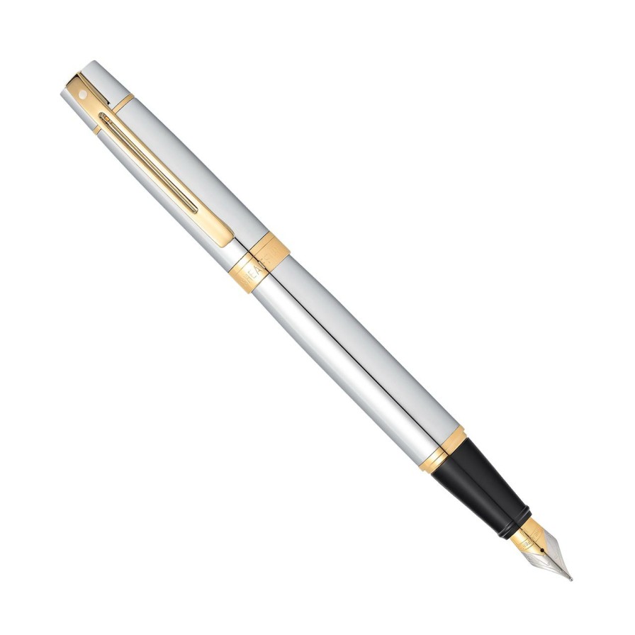 Writing Levenger Fountain Pens | Sheaffer 300 Bright Chrome With Gold Trim Fountain Pen