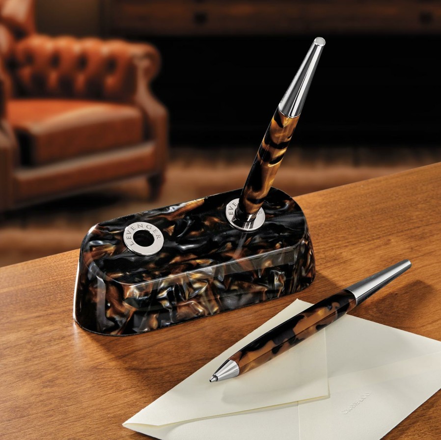 Writing Levenger | Peninsula Ballpoint Pen And Pencil Double Stand Set Tortoise