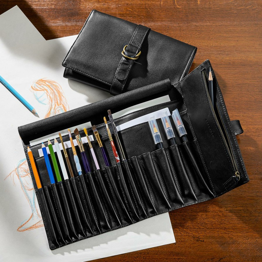 Home & Office Levenger Pen Cases & Stands | Virtuoso Leather Artist Roll Black